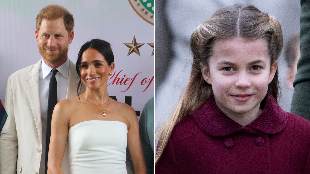 Princess Charlotte wears a red winter coat, Meghan Markle wears a white strapless dress while posing with Prince Harry, who is wearing a tan suit