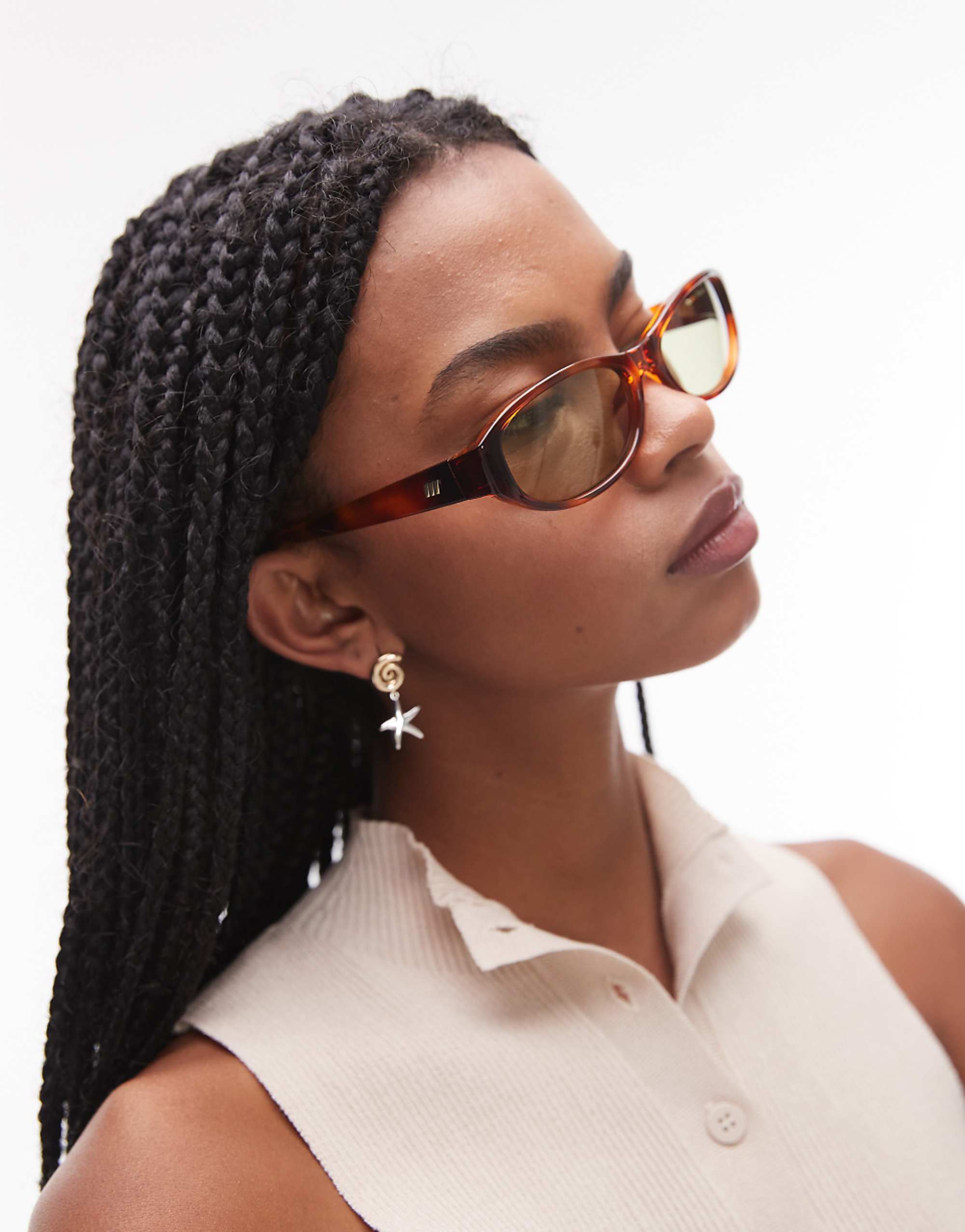 Le Specs Dont Cha Slim Hexagonal Sunglasses in Toffee Tort With Green Lens
