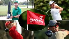 Four golfers and a US Open flag