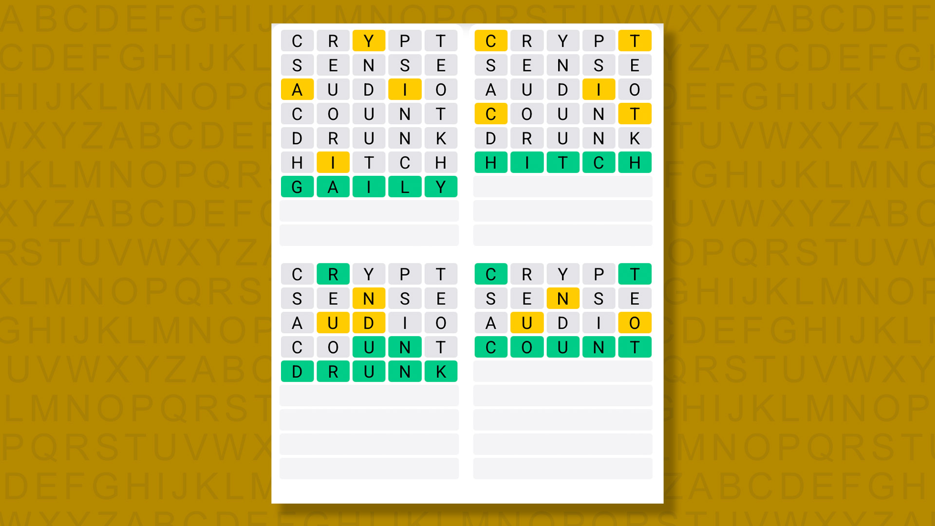 Quordle answers for game 1579 on a yellow background