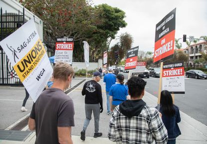 A writers strike picket line outside Sony Studios in Culver City 