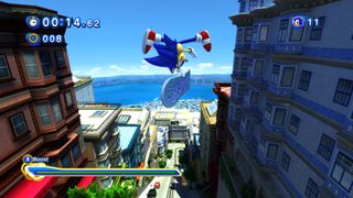 Modern Sonic pops a boarding trick in City Escape from Sonic Adventure 2 in Sonic Generations