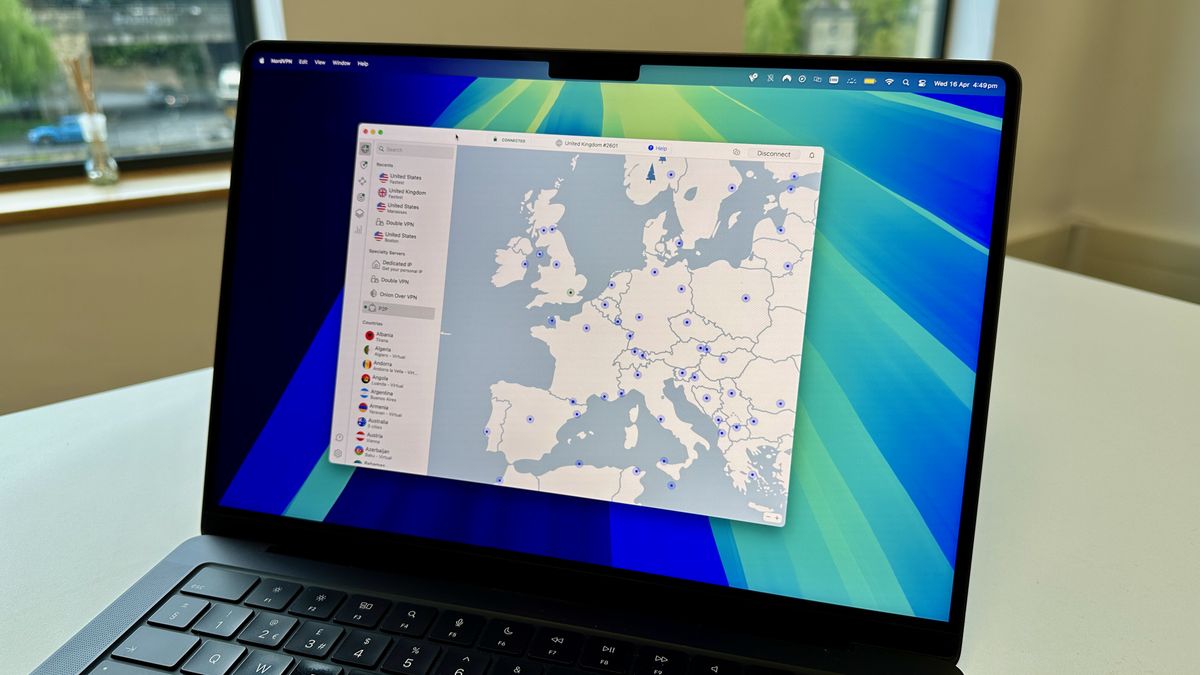 A photo of the NordVPN homepage on a Mac. On the right is a widget displaying NordVPN's servers, including recently connected servers, Double VPN servers, speciality servers as well as countries.