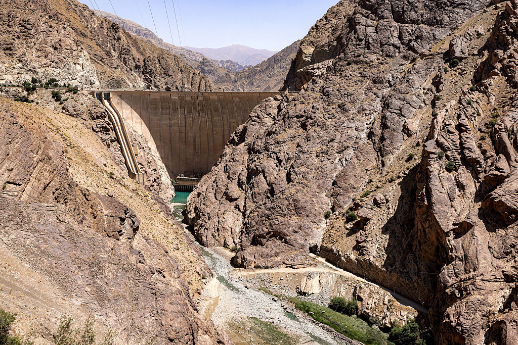The Amir Kabir dam and its outflow along the Karaj river in Iran's northern Alborz mountain range are pictured on June 1, 2025.