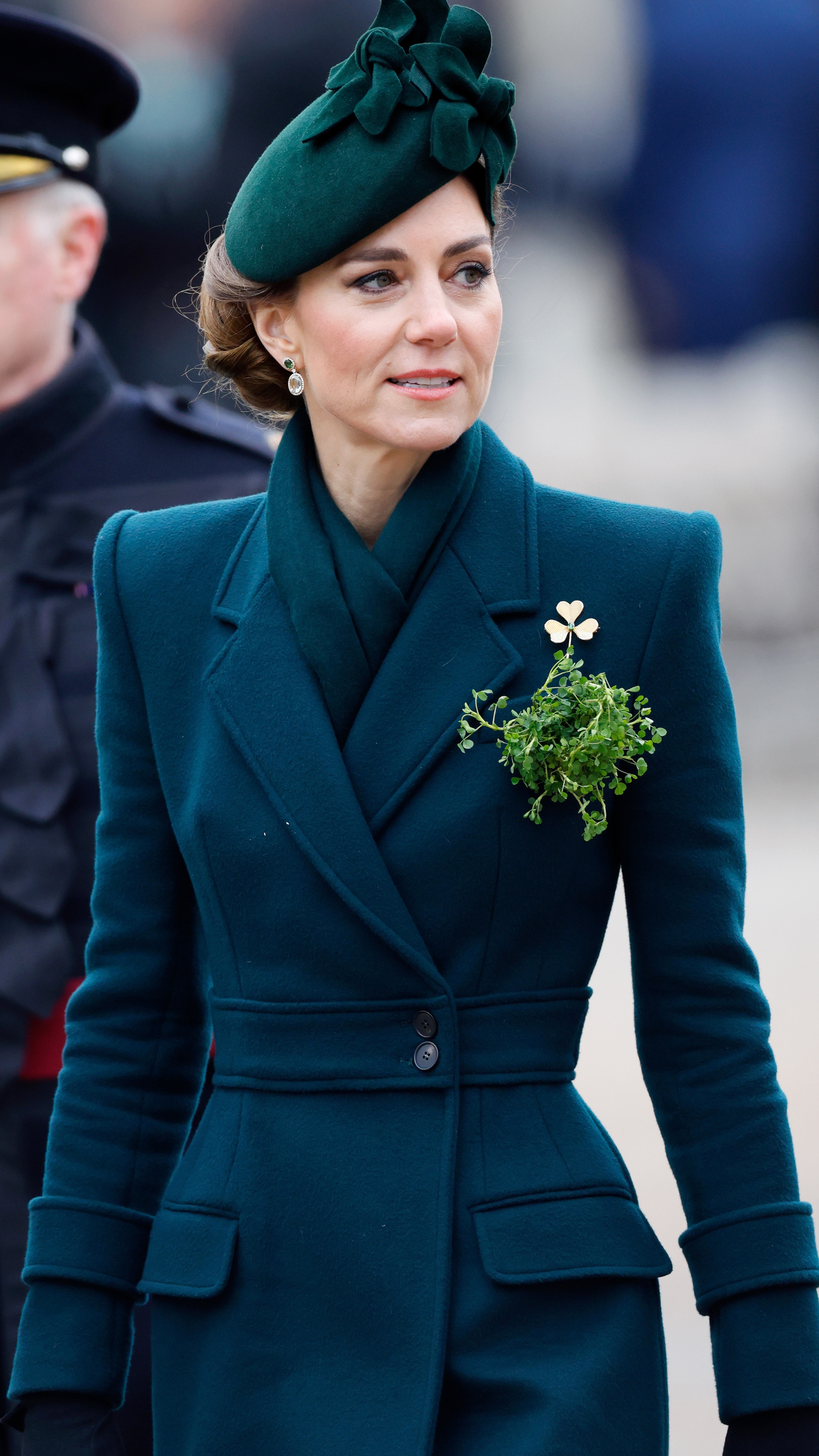 Catherine, Princess of Wales (in her role as Colonel of the Irish Guards) attends the 2025 St. Patrick&#039;s Day Parade at Wellington Barracks on March 17, 2025