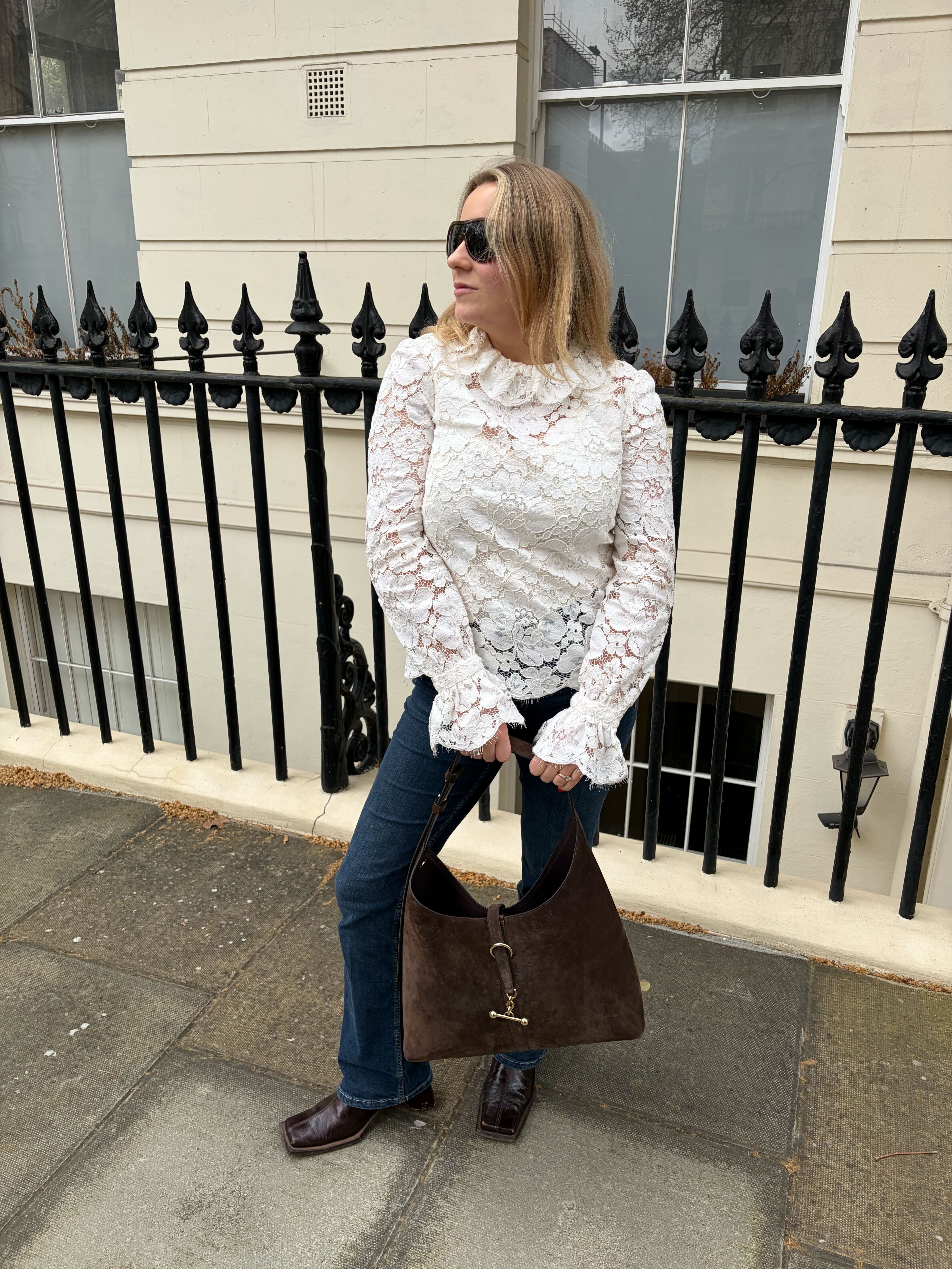 Rebecca wearing the Strathberry tote bag