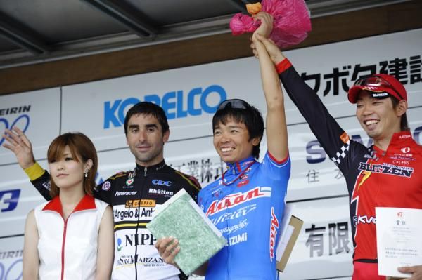 Taiji Nishitani (Aisan Racing Team) on the podium for his stage win.