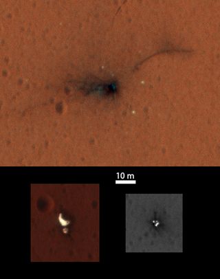 These images taken by NASA's Mars Reconnaissance Orbiter on Nov. 1, 2016, show the wreckage of Europe’s Schiaparelli lander, which crashed on the Red Planet on Oct. 19, 2016. At top is the crater caused by the lander’s impact; at bottom left is the craft’s parachute and attached back heat shield. The feature at bottom right is thought to be the front heat shield. The 10-meter scale bar applies to all three portions of the image.