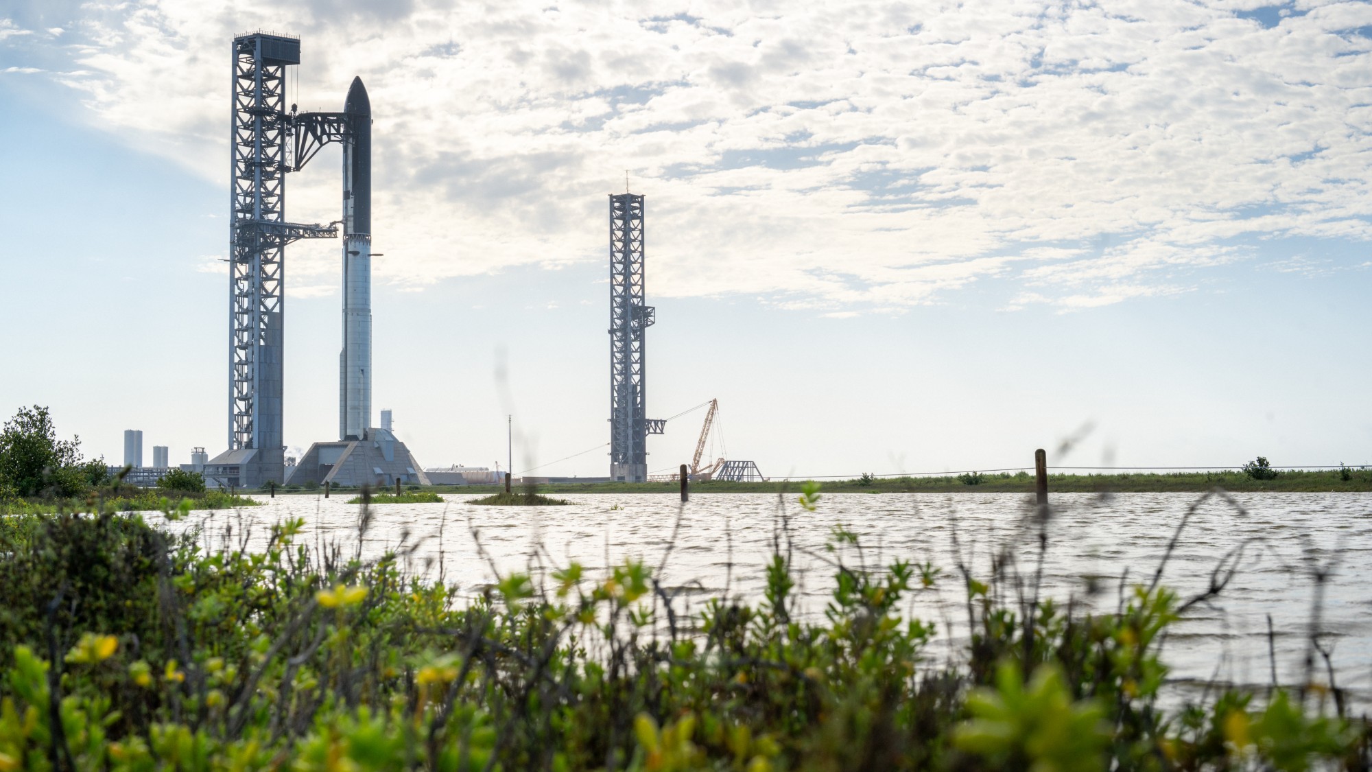 behind a foreground of wildflowers, two massive silver rockets stand upright next to towers of scaffolding