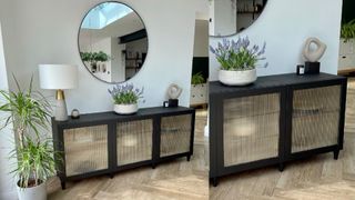 Black sideboard with cane webbing on the doors