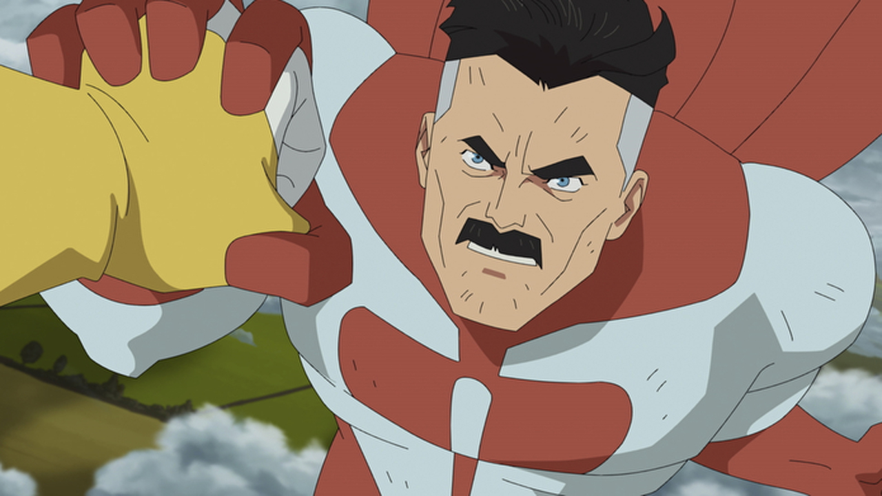 Omni-Man holds back a punch thrown by Mark Grayson in Invincible season 1