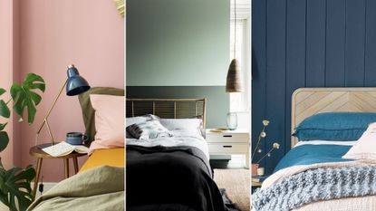 Collage of best bedroom paint colors including blush pink, tree green and strong blue