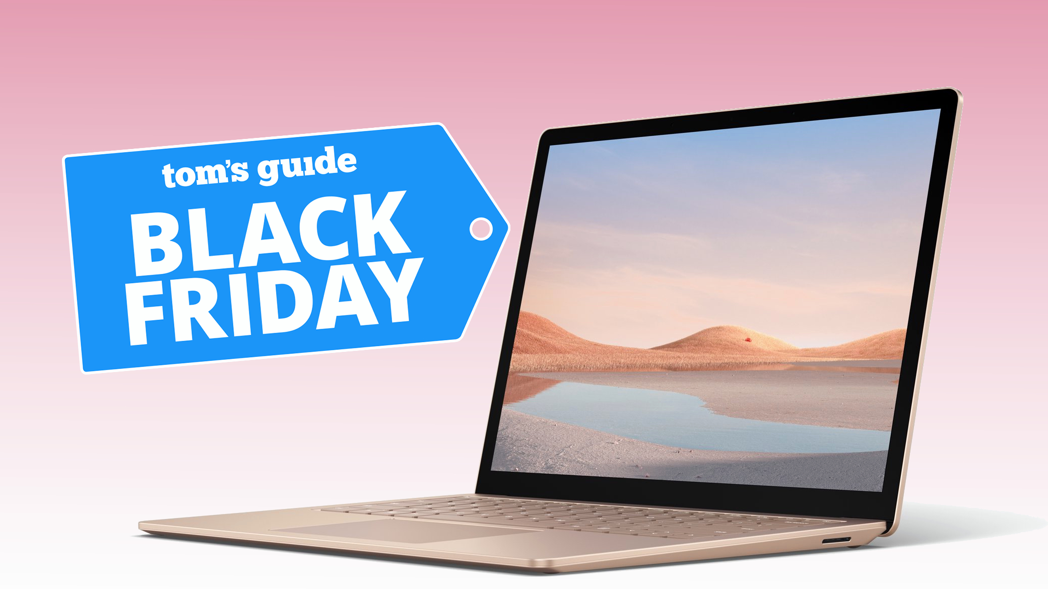 Microsoft Surface Laptop 4 on a colored background with a black friday deal badge superimposed