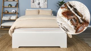 A photo of a bed on a bed frame in a bedroom, in the top right corner, a close up of bed bugs hiding in fabric