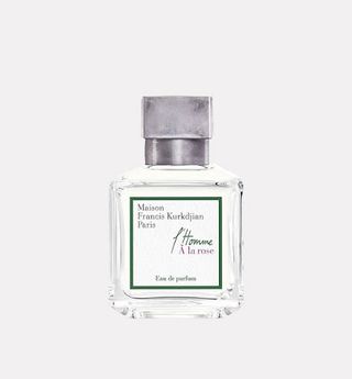 Maison Francis Kurkdijan Paris L'Homme A la Rose in glass square bottle against grey background