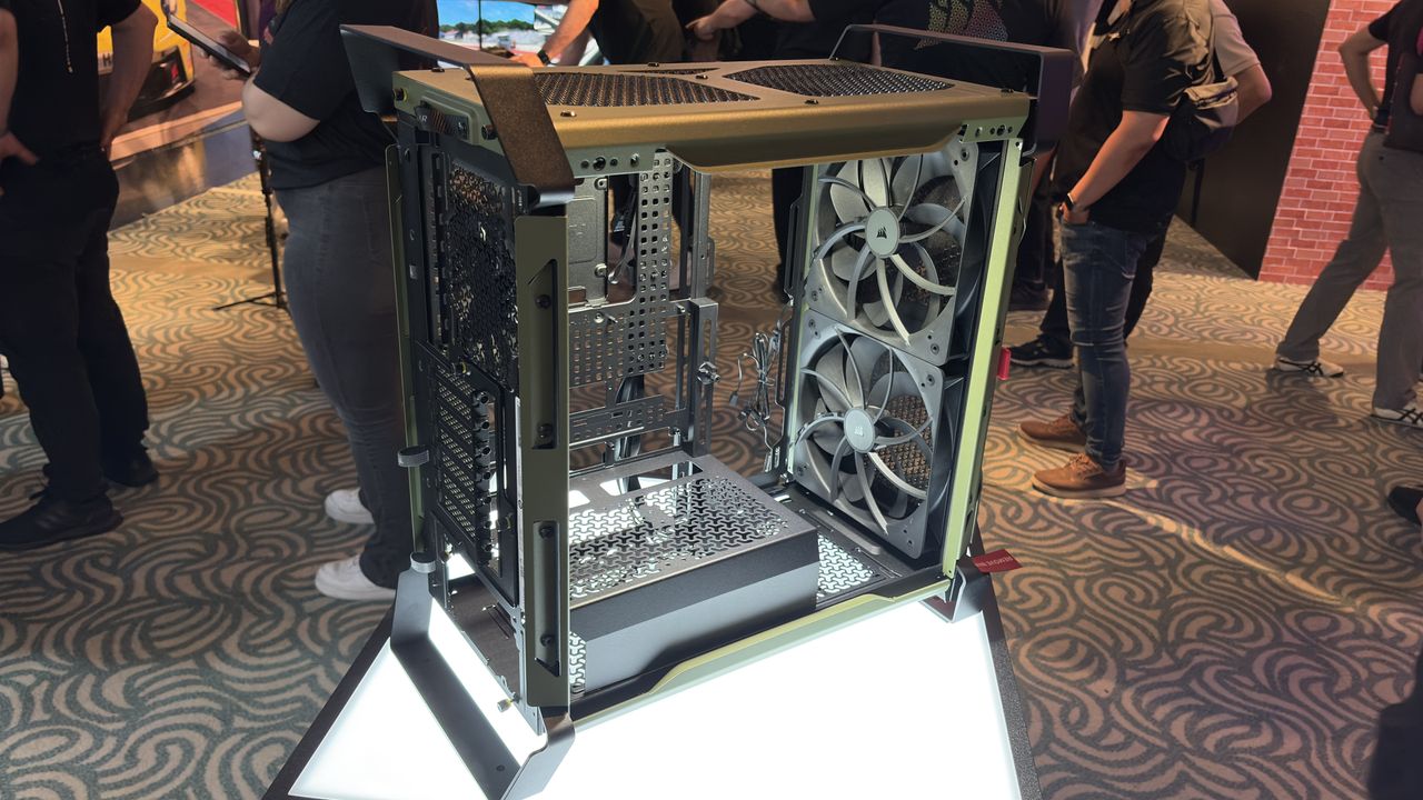 Corsair's new Warthog case with a light over the rear IO panel, at computex 2026.