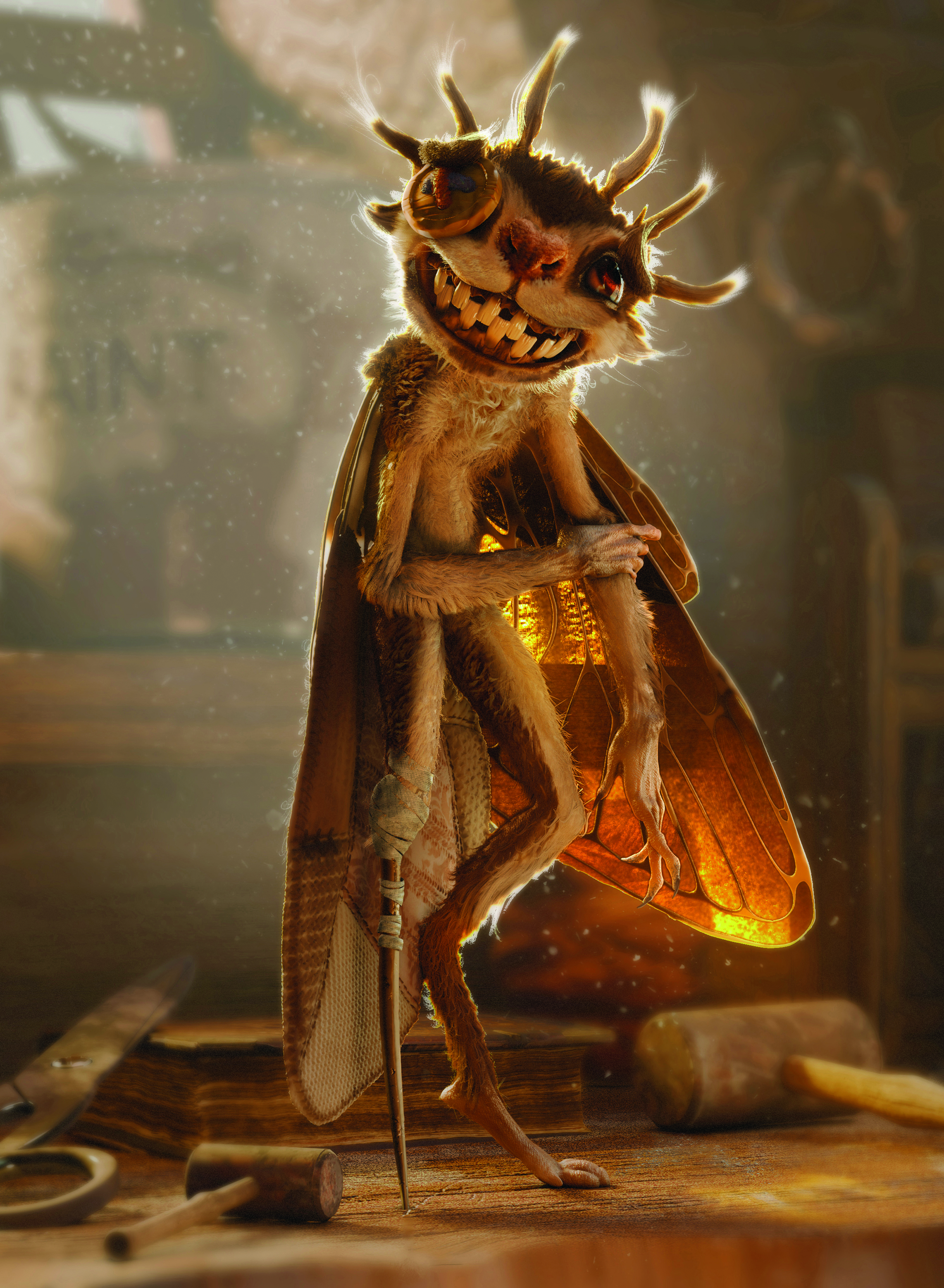 A moth-like creature standing in a wood workshop