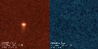 Asteroid Phaethon seen through different filters by the SOHO sun observatory.