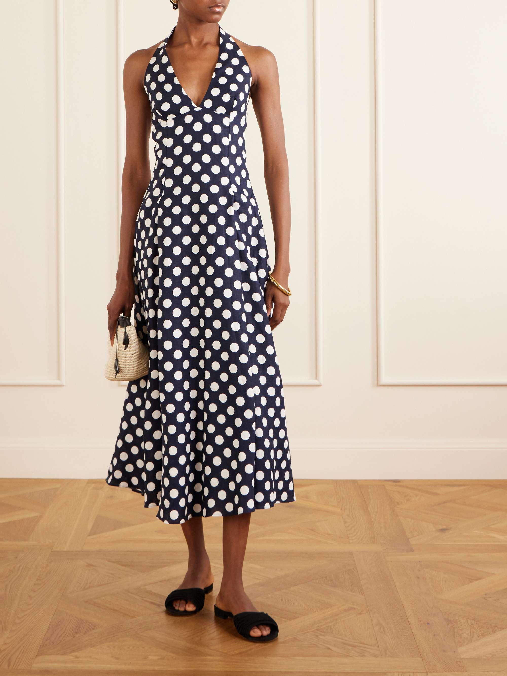Murano Polka-Dot Linen Halterneck Midi Dress
