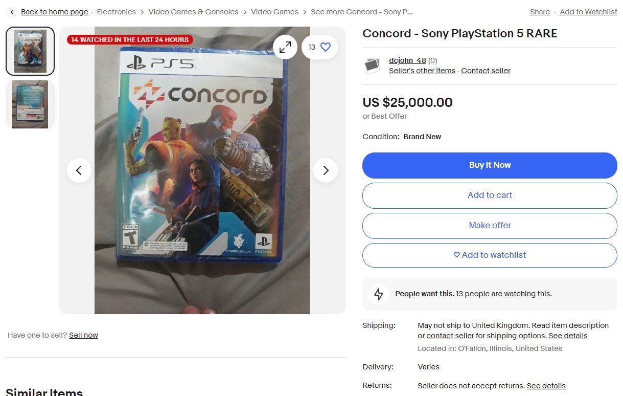 An eBay listing for a copy of Concord for $25,000.