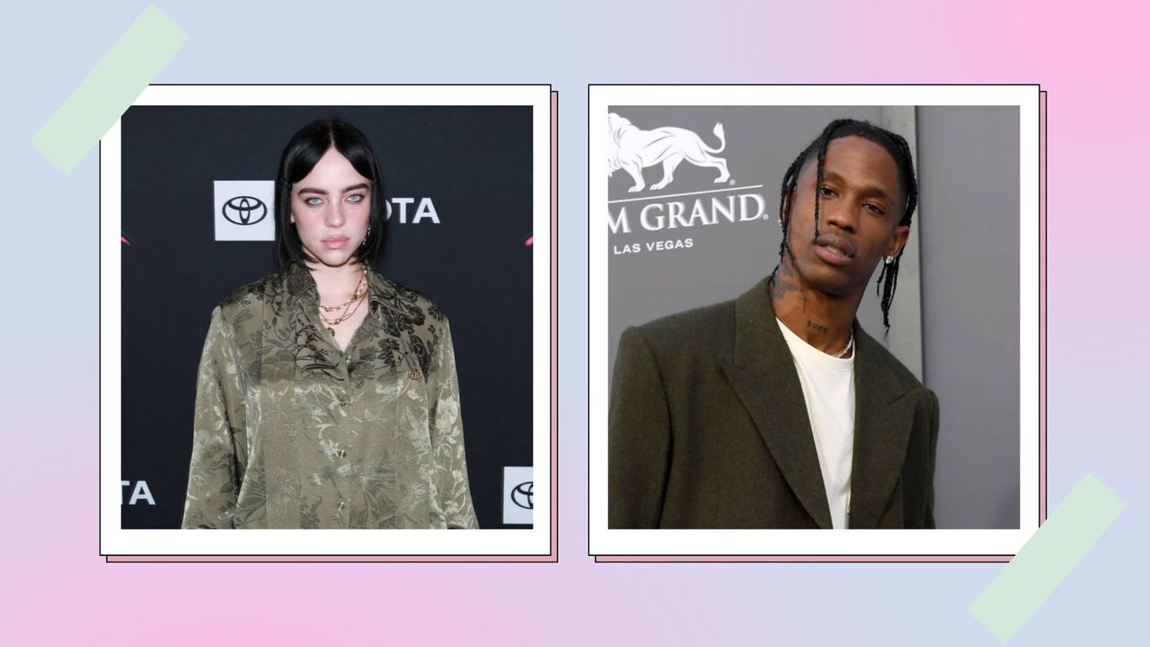 Image of Billie Eilish and Travis Scott against a pink and purple background