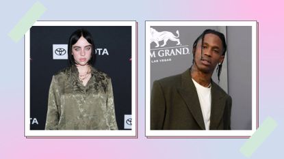 Image of Billie Eilish and Travis Scott against a pink and purple background