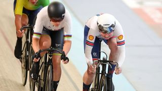 Katie Archibald of Great Britain races Jennifer Valente of the USA in the women's omnium race