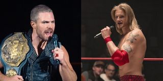stephen amell's jack spade and alexander ludwig's ace spade on the mic in wrestling ring in heels