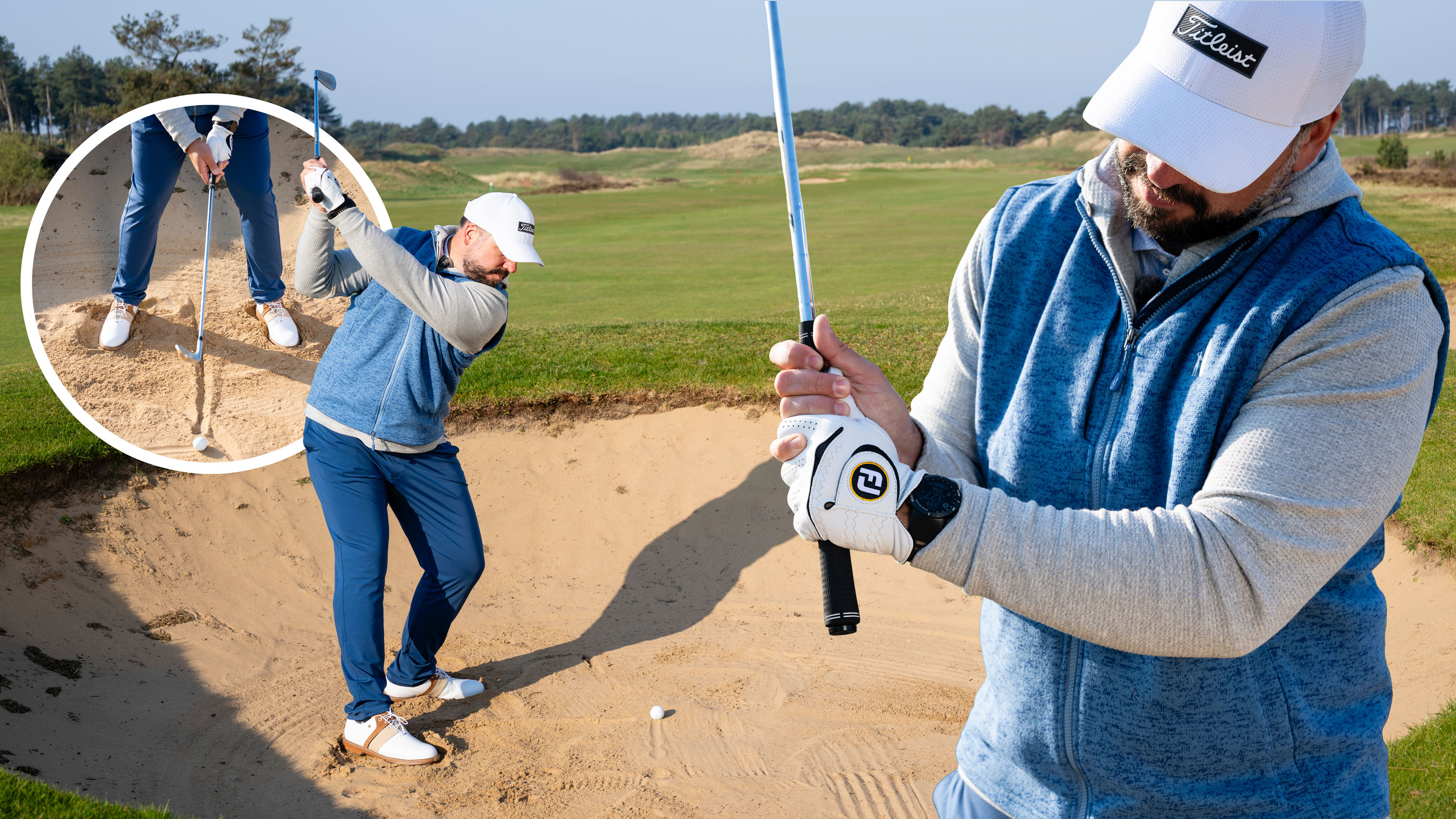 Peter Finch hitting a fairway bunker shot in the sand, with a large zoomed in image of Peter Finch making setup changes with his grip moving down the shaft and a smaller inset image of Peter Finch making setup changes with his ball position being central, indicated with a line in the sand