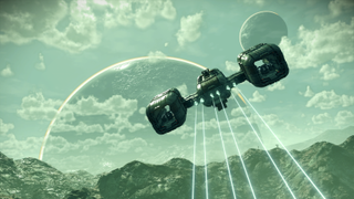 A ship flies towards the atmosphere in No Man's Sky.