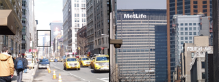 Left: Shot uptown on Park Avenue. Right: 20x zoomed-in photo on center of pic on left.