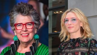 Composite image of Prue Leith and Cate Blanchett wearing brightly coloured eyeglasses