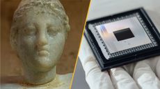 Split image shows a bust that archaeologists say might portray Queen Cleopatra and Google's new quantum chip, Willow.