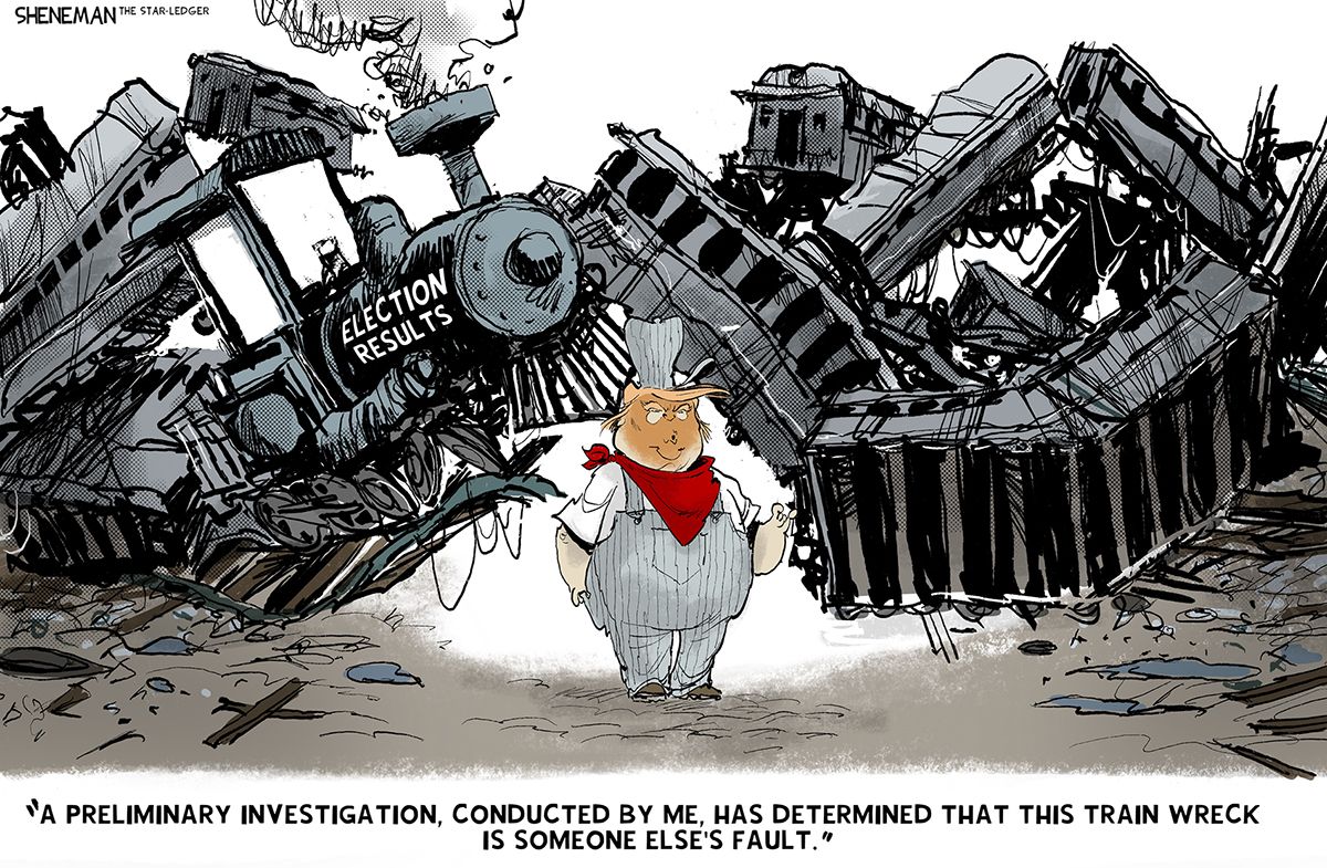 
                                Donald Trump is the main character in this political cartoon. He’s dressed as a train engineer and stands in front of a literal train wreck labeled “Election Results.” He says, “A preliminary investigation, conducted by me, has determined that this train wreck is someone else’s fault.”
                            