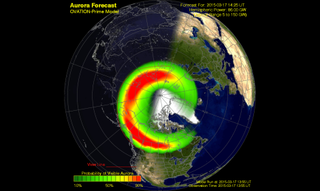 This NOAA image shows the forecast for aurora activity on March 17, 2015 during a severe solar storm. NOAA space weather experts say there is a chance for auroras as far south as the mid-United States, along a line extending through Tennessee.