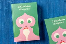 Book cover: il Cucchiaio d'Argento, featuring an illustration by Olimpia Zagnoli with a person's face with green hair licking a white spoon