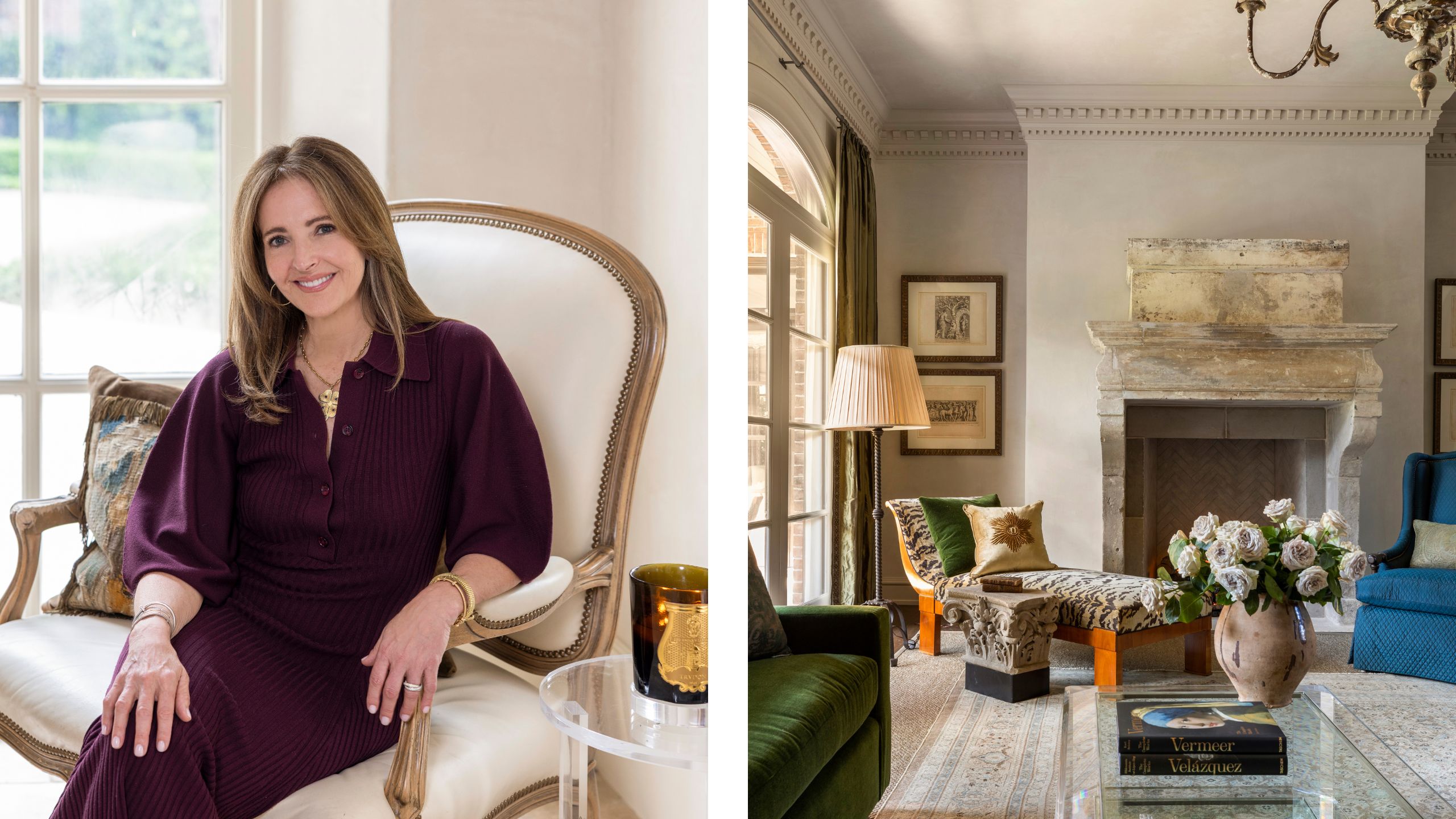 Designer Kara Childress seated in a burgundy dress on the left, next to an elegant living room featuring a stone fireplace and classic furniture on the right