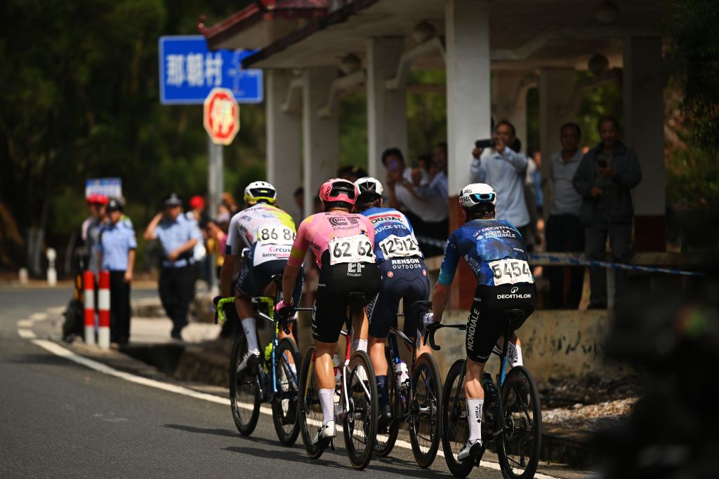 JINCHENGJIANG CHINA OCTOBER 18 Detailed view of Pepijn Reinderink of The Netherlands and Team Soudal QuickStep Taco Van Der Hoorn of The Netherlands and Team Intermarche Wanty Stan Dewulf of Belgium and Decathlon AG2R La Mondiale Team and Stefan Bissegger of Switzerland and Team EF Education EasyPost compete in the breakaway during the 5th GreeTour Of Guangxi 2024 Stage 3 a 1768km stage from Bama to Jinchengjiang UCIWT on October 18 2024 in Jinchengjiang China Photo by Dario BelingheriGetty Images