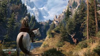 Geralt on a horse in a valley in art for The Witcher 3: Wild Hunt, a stag is in the near distance, and a castle is in the background.