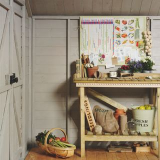 Shed with a potting bench covered in gardening items and a trough with fruit and veg in it