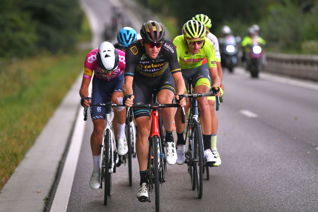 WAVRE BELGIUM AUGUST 17 Dries De Bondt of Belgium and Team AlpecinFenix Pink Sprints Jersey Toon Aerts of Belgium and Team Telenet Lions Tom Wirtgen of Luxembourg and Team Bingoal WB James Fouche of New Zealand and Team Hagens BermanAxeon Ludwig De Winter of Belgium and Team Circus Wanty Gobert Gianni Marchand of Belgium and Team Tarteletto Isorex Breakaway during the 41st Tour de Wallonie 2020 Stage 2 a 1723km stage from Frasnes Lez Anvaing to Wavre TourdeWallonie TRW2020 on August 17 2020 in Wavre Belgium Photo by Luc ClaessenGetty Images