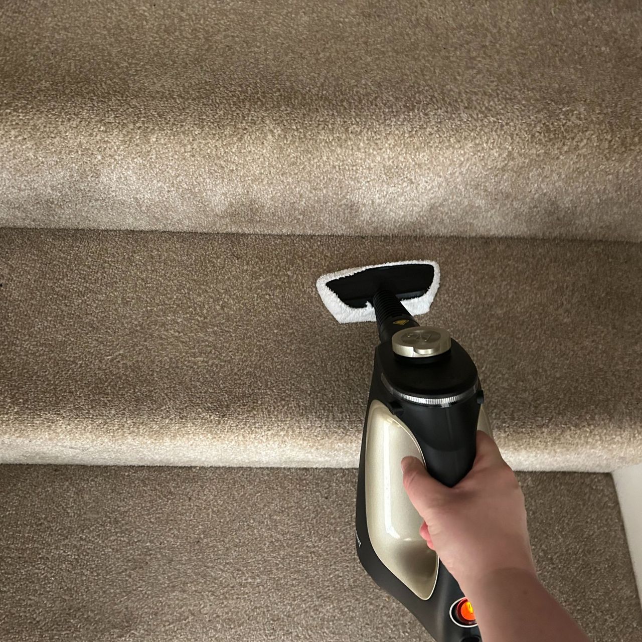 Beldray steam cleaner upholstery attachment on stair carpet