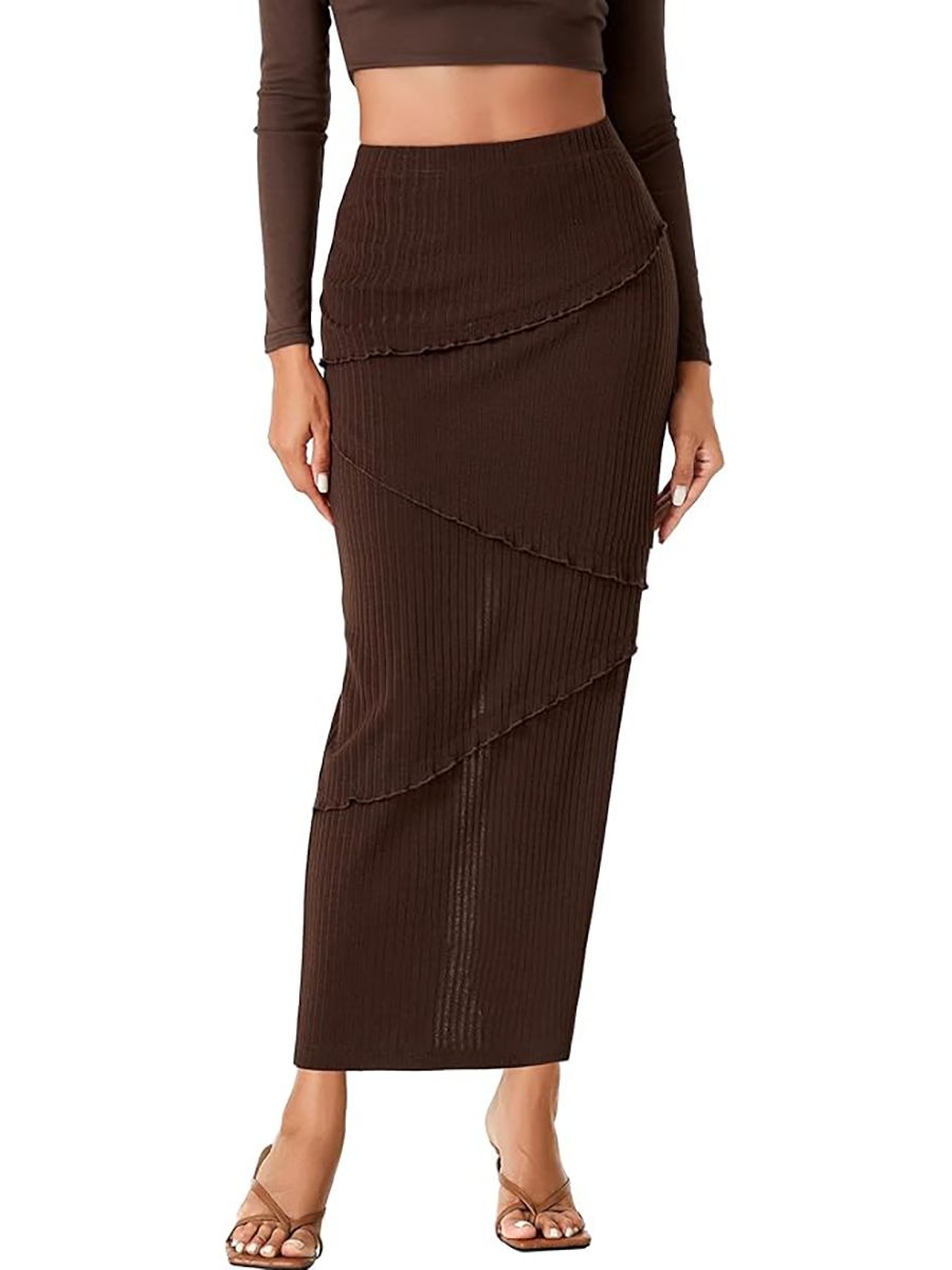 Rooscier, Rooscier Women's High Waisted Ribbed Knit Bodycon Long Pencil Skirt With Back Split Dark Brown Medium