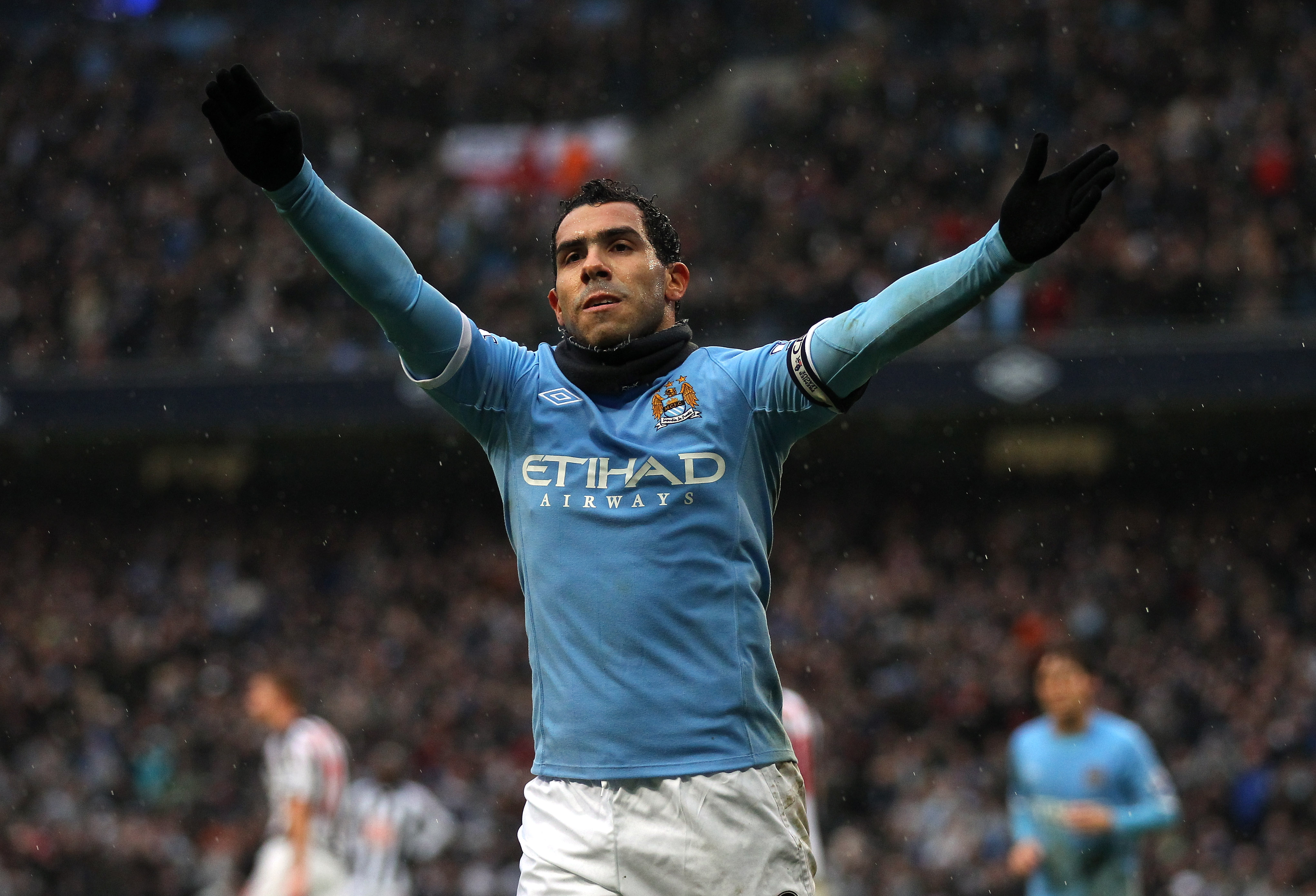 Carlos Tevez celebrates after scoring his third goal for Manchester City against West Brom on February 5th, 2011.