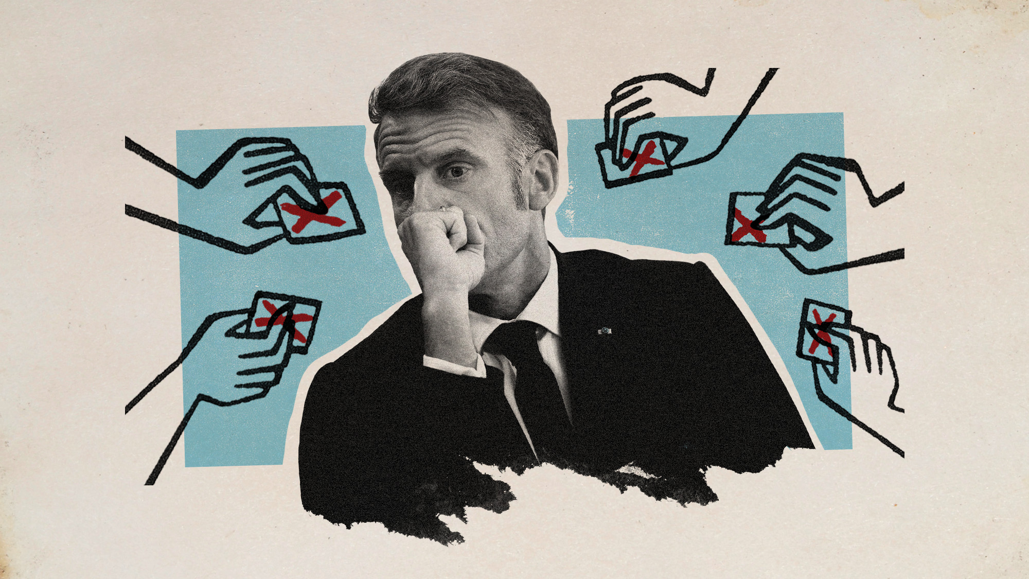 Photo collage of Emmanuel Macron surrounded by cartoon hands, holding ballots marked with a red X