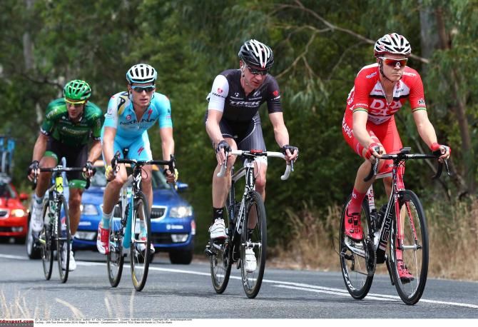 Travis Meyer (Drapac) leads Jens Voigt (Trek), Andriy Grivko (Astana) and J&eacute;r&ocirc;me Cousin (Europcar) in the break.