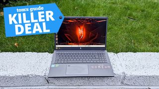 Acer Nitro V 16 with deal tag superimposed