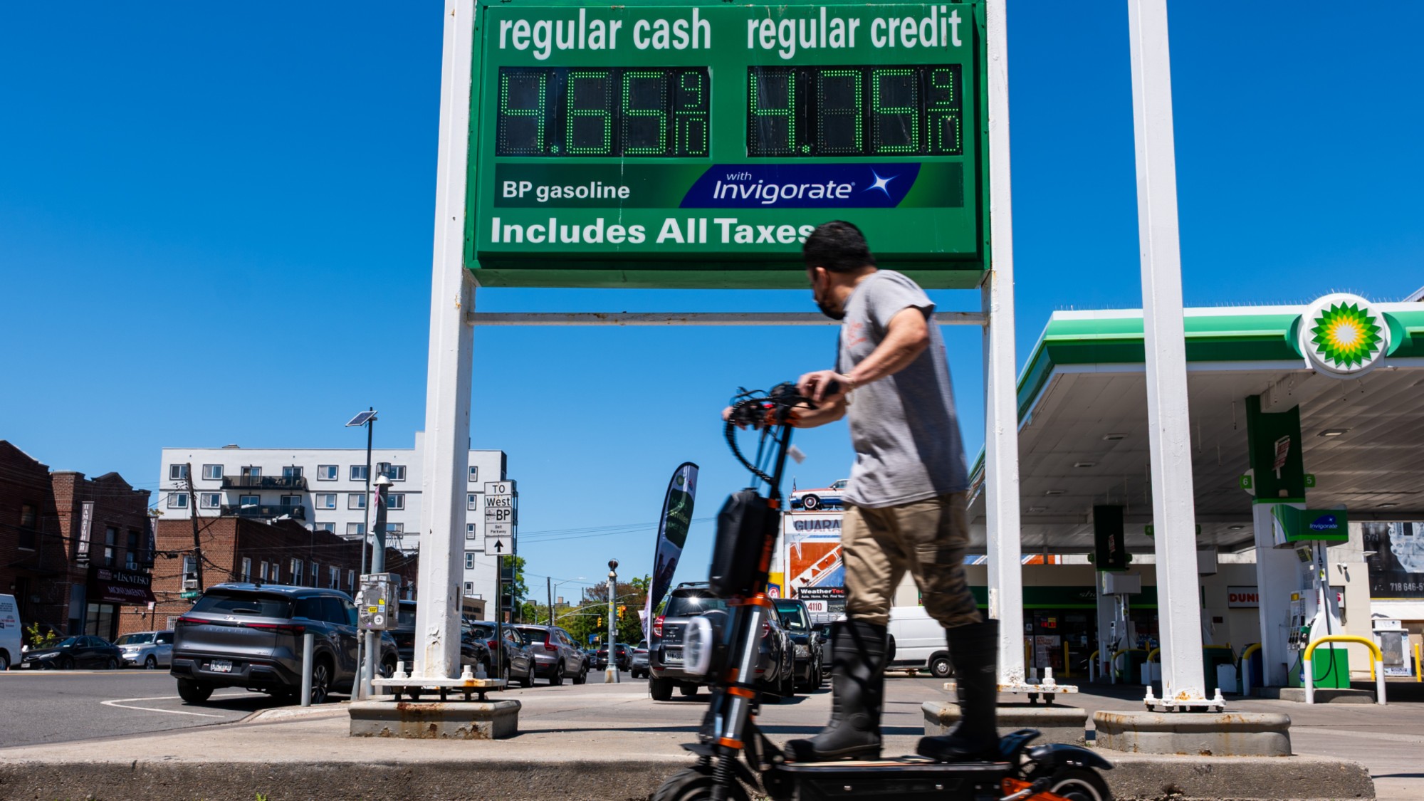 NEW YORK, NEW YORK - MAY 12: Gas prices are displayed in Brighton Beach in Brooklyn on May 12, 2026, in New York City. Newly released data from the Labor Department's consumer price index showed that inflation rose 3.8% from April 2025. The rise in prices for fuel, food, and other essentials for millions of Americans comes as a 10-week war with Iran continues to be a drag on both the domestic and international economy. (Photo by Spencer Platt/Getty Images)