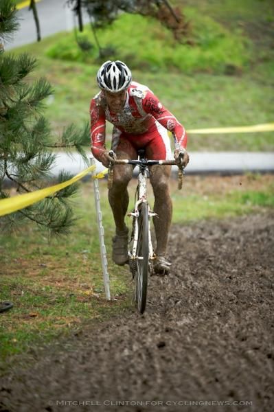 Joachim Parbo (CCV Leopard Cycles) struggles to keep his bike on course.
