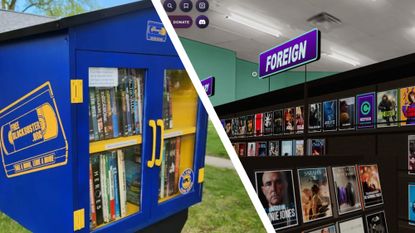 A Free Blockbuster library box next to a screenshot of the virtual video store BingeBrowse